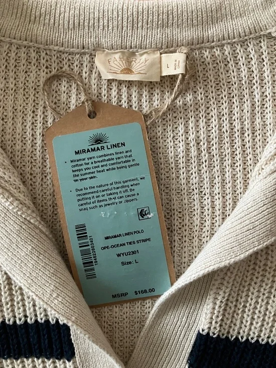 Faherty Women's Miramar Linen Polo Sweater Size L NWT Ocean Stripe - Picture 4 of 11
